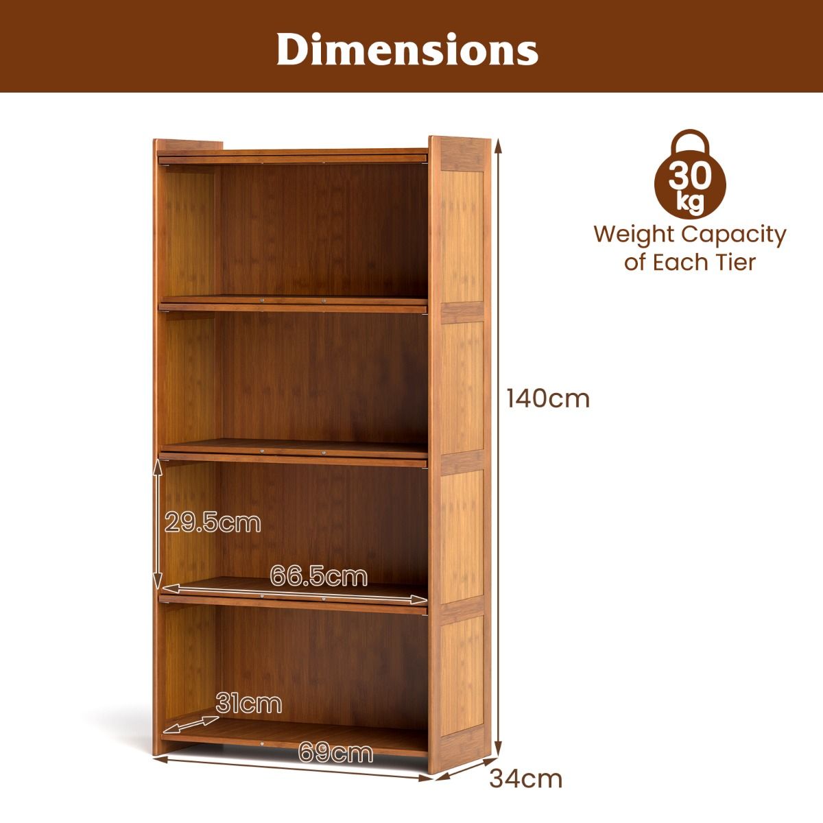 Coast Bücherregal mit 4 Fächern – Bambus – Klapptüren aus Acryl – 69 x 34 x 140 cm – Braun/Natur
