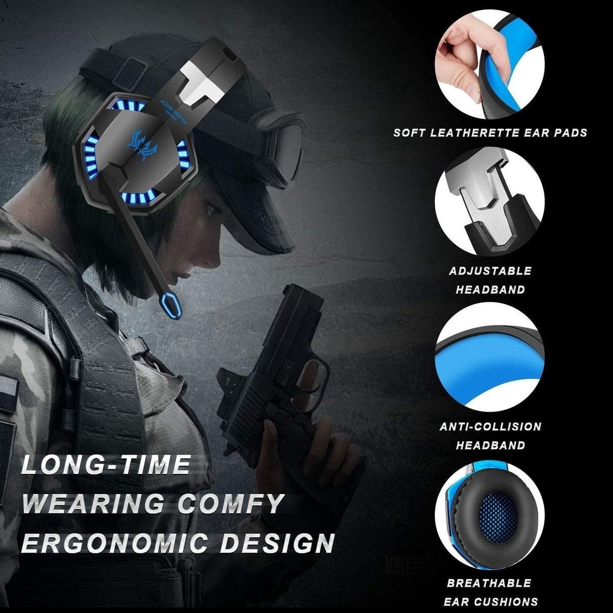 KOTION EACH G2000 Gaming Headset - Schwarz/Blau - Geeignet für PS5, Xbox Series X, Windows & Switch