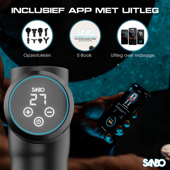 Sanbo Massage Gun - Generation 4 - Mit 8 Aufsätzen und 30 Stufen - In Zusammenarbeit mit Physiotherapeuten - Professionell - Sport- und Entspannungsmassagegerät - Massage Gun