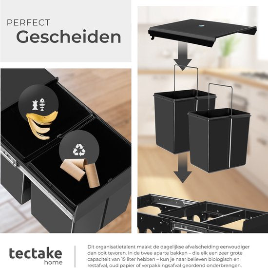 tectake Abfallsammler - Einbau-Abfallsammler - Mehrfache Mülltrennung - Effiziente Aufräumlösung für Küche und Büro - Doppel-Abfallsammler mit Teleskopschienen - 2x 15L