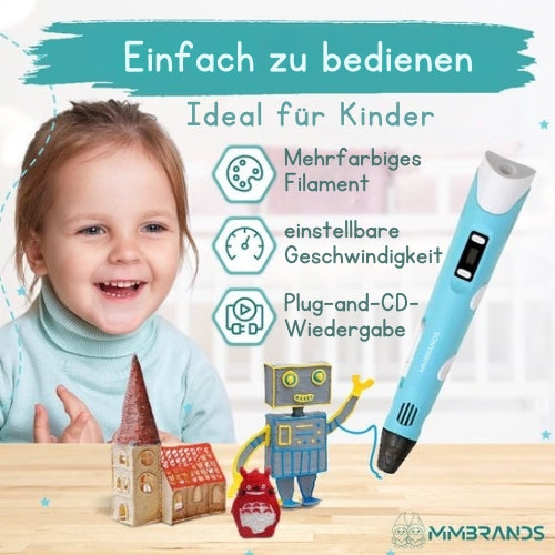 MM Brands - 3D Stift - Starter Pack - inkl. 100m Filament in 10 Farben - Extra langes Ladekabel - Geeignet für ABS & PLA Filament - Blau