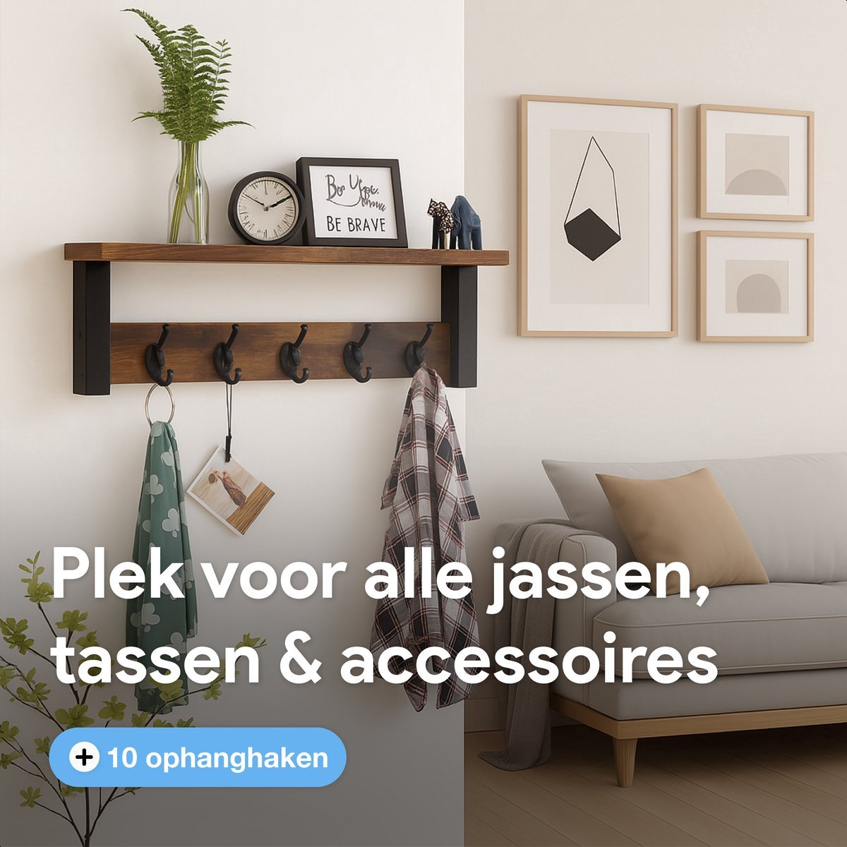 Luft Wandgarderobe mit Regal 73,5 cm - 10 Haken - Industrieller schwarzer Stahl & Holz - Wandgarderobe für Flur, Schlafzimmer oder Korridor