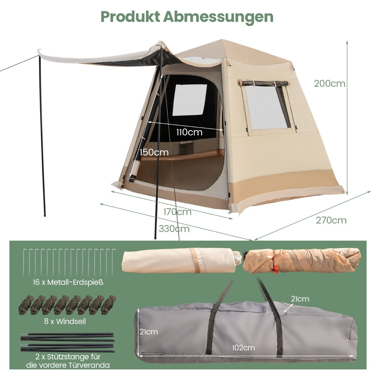 Coast Pop-up-Zelt – Automatischer Aufbau – Zweischichtiges Kabinenzelt – Beige 330 x 270 x 200 cm
