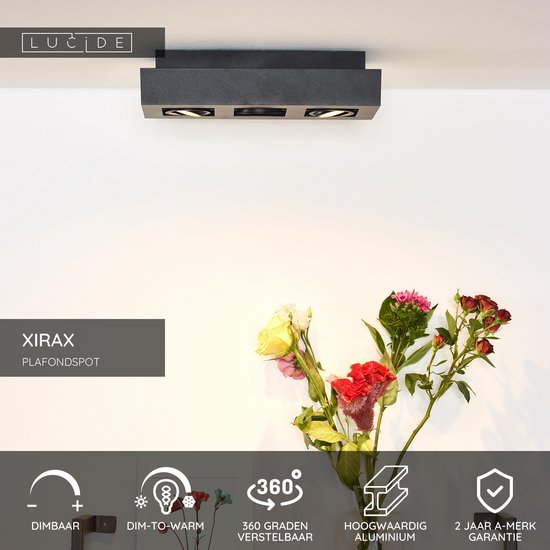 Lucide XIRAX – Deckenstrahler (Deckenleuchte) – LED, dimmbar in warme Farbtöne – GU10 (MR16) – 3 × 5 W, 2200 K/3000 K – Schwarz