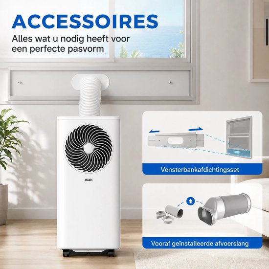 AUX 3-in-1-Mobilklimaanlage 9000 BTU (bis zu 36 m²), Energieeffizienzklasse A, WLAN & Fernbedienung, 4 Betriebsstufen, Selbstdämpfung, Kältemittel R290, waschbarer Filter, inklusive Fensterhalterung