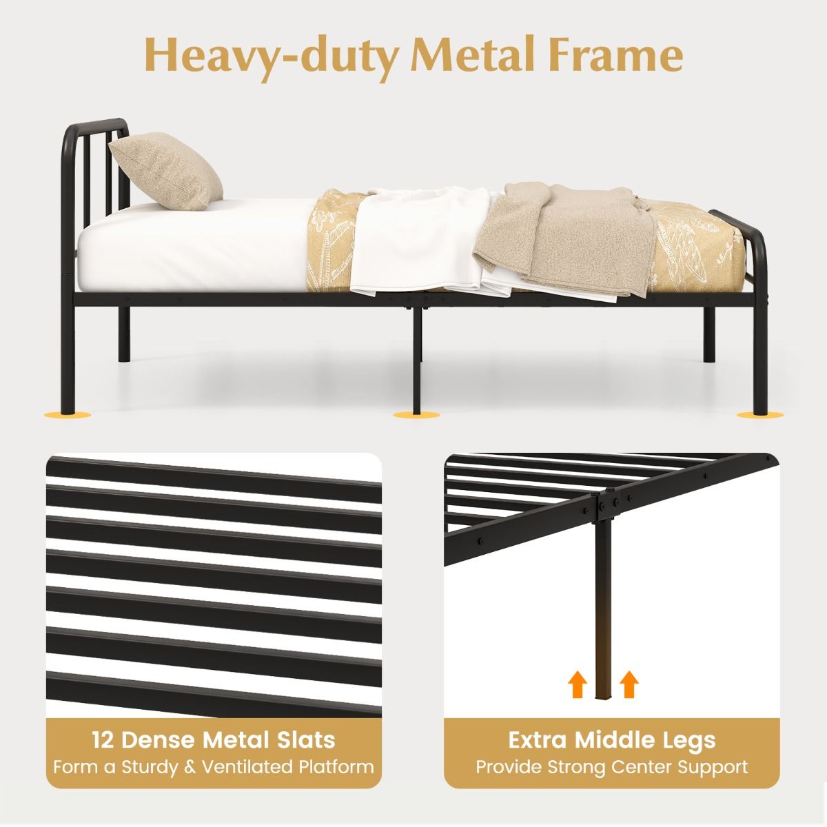 Coast Einzelbett – Bettgestell aus Metall – Kopf- und Fußteil – 90 x 200 cm – Schwarz