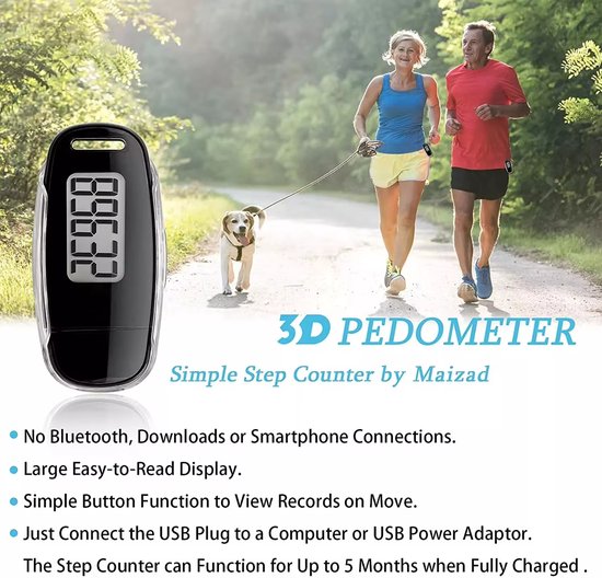 Garpex® Schrittzähler mit Clip und Trageschnur - USB-Ladung - Activity Tracker - Schrittzähler - Großes Display - Tasche - Schwarz