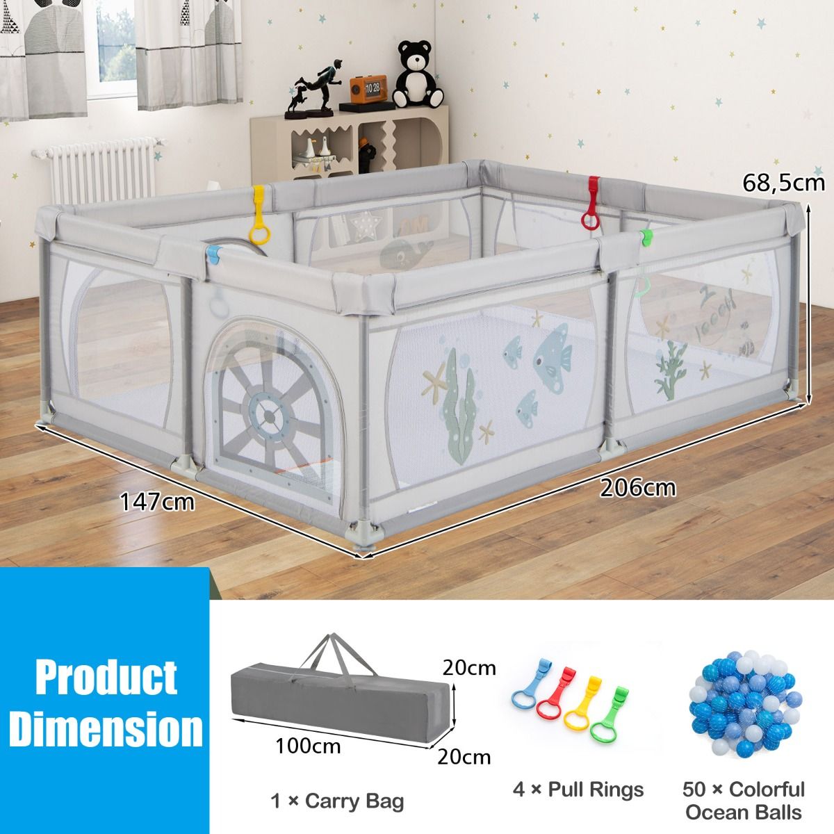 Coast Baby Box - faltbar - Reißverschluss - 206 x 147 x 68,5 cm - Inkl. 50 Bälle