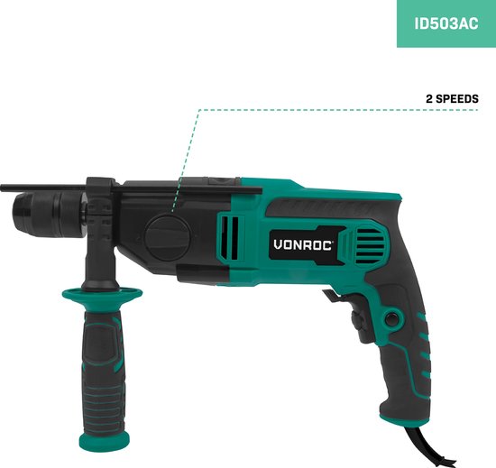 VONROC PRO Schlagbohrmaschine 1100W - Ø13mm - 2-Gang - Metall-Schnellspannbohrfutter - 3m Gummikabel - Inkl. Tiefenanschlag und Zusatzhandgriff