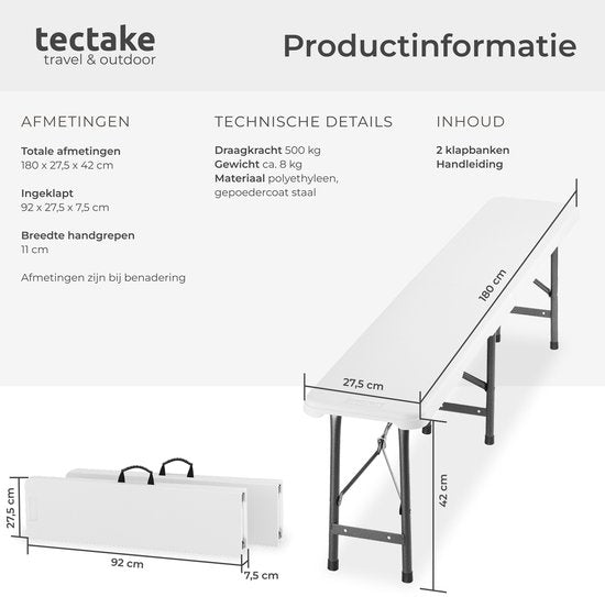 tectake® 2er-Set klappbare Bänke – Gartenbänke – für 8 Personen – Bierbank – tragbare Bänke für Camping-Tisch – Biertisch – Picknicktisch – Gartentisch – 500 kg Tragkraft pro Bank – Weiß