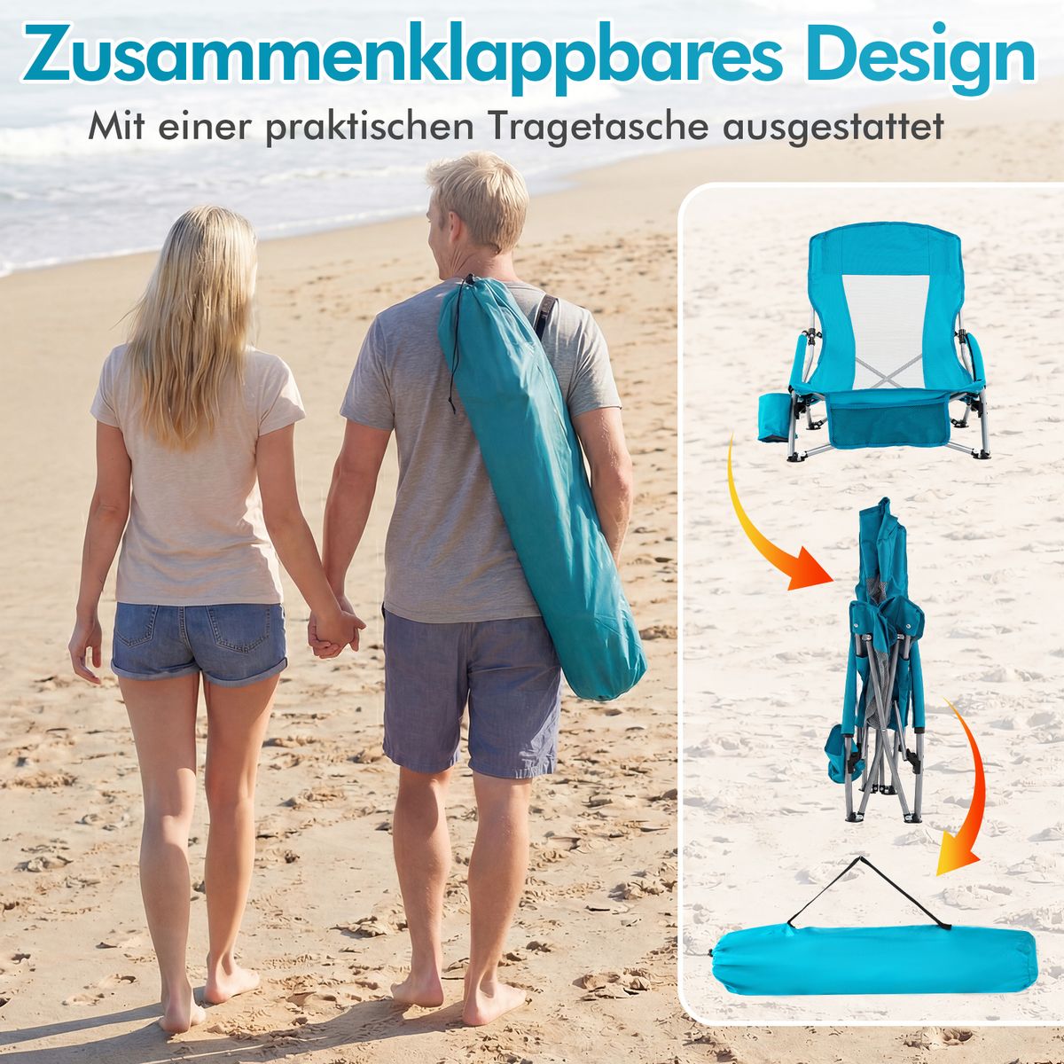 Coast Klappbarer Strandstuhl – atmungsaktives Netzgewebe – mit Armlehnen und Getränkehalter – blau