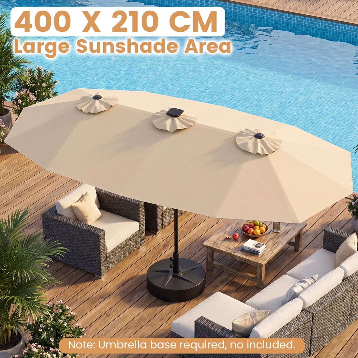 Coast Doppel-Gartenschirm – rechteckig mit LED-Beleuchtung – 400 x 210 cm – beige