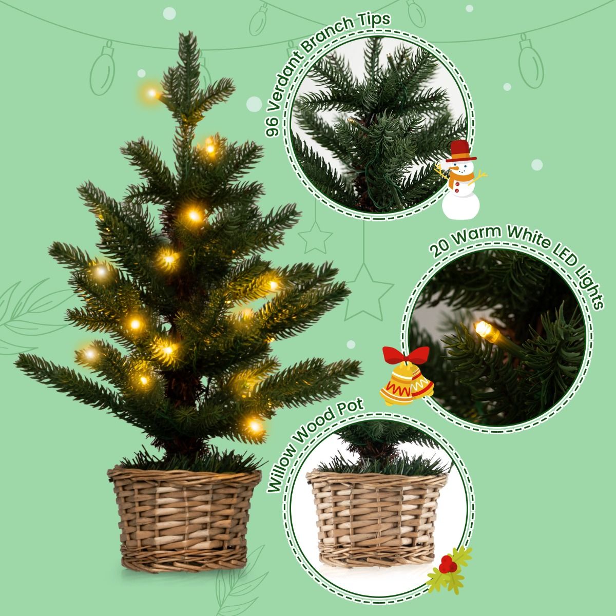 Coast Illuminated Künstlicher Mini-Weihnachtsbaum im Topf - 48 cm hoch - Grün/Natur - 96 Zweigspitzen - 20 warmweiße LED-Lichter - Timer - Weidentopf
