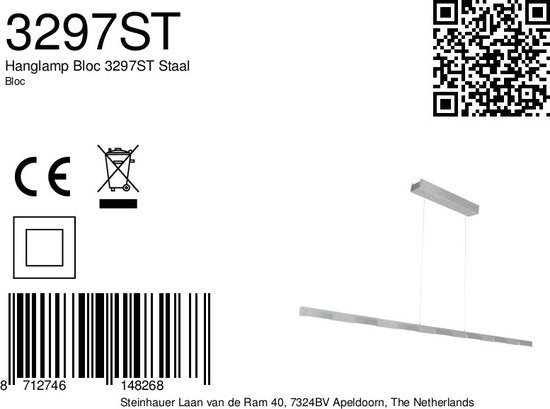 Hängeleuchte Bloc 3297ST aus Stahl, 171 cm, höhenverstellbar mit Kabelaufzug von Steinhauer, modernes Design, dimmbar mit externem Dimmer
