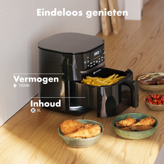 KitchenBrothers Airfryer XL - 5L - 1500W - Heißluftfritteuse - 80ºC bis 200ºC - 8 Kochprogramme - Schwarz
