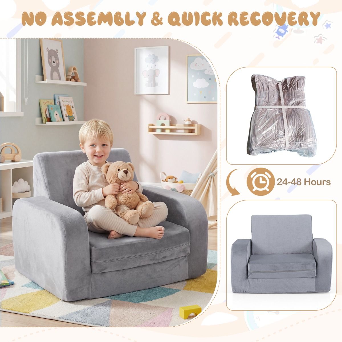Coast Klappbare Kinderbank – 3-in-1-Kinderbank, Loungesessel und Kinderbett – Ultraweiches Kristallvelours – Grau