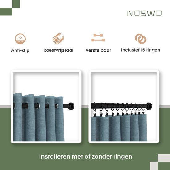 Noswo Vorhangstange ohne Bohren - 130-230 cm - Inklusive 15 Ringe - Ausziehbar - Duschstange - Duschvorhangstange - Klemmstange - Selbstspannend - Schwarz
