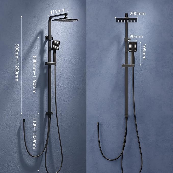 HOMELODY Regenduschen-Set ohne Wasserhahn – 20 x 20 cm Kopfbrause – Handbrause – Verstellbare Duschstange – Schwarz