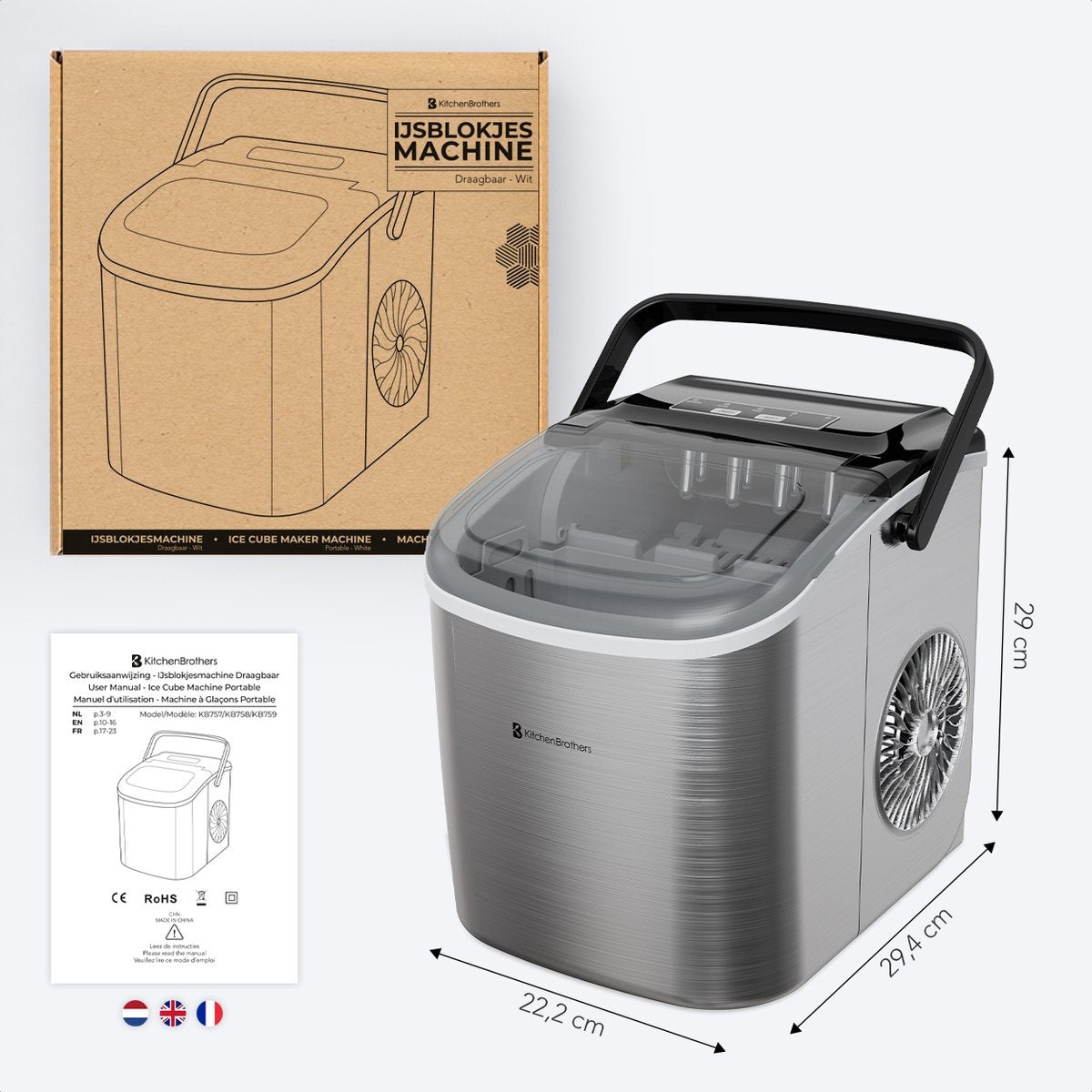 KitchenBrothers Eiswürfelbereiter - 1.2L - 7-10 min. - 12kg/24h - Tragbar mit Handgriff - Eiswürfelbereiter mit Eisportionierer - Edelstahl