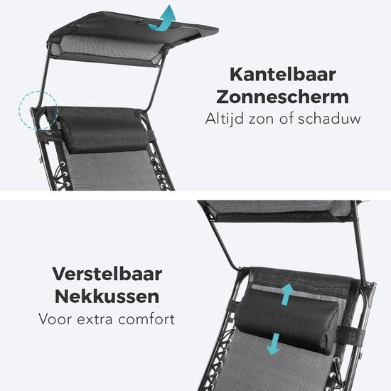 LifeGoods Faltbare Gartenstühle - mit Sonnendach - Verstellbarer Sonnenschirm - 2 Stück - 30Â°-90Â° verstellbar - Metall - Schwarz