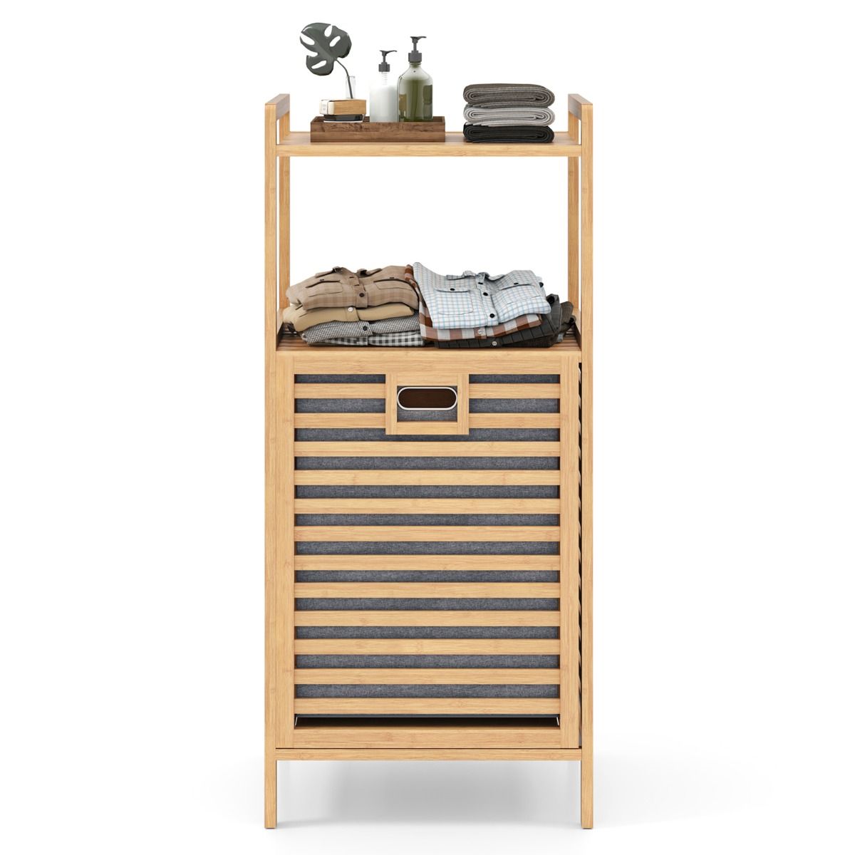 Coast Badezimmerregal mit Wäschekorb 43,5x33x96 cm - Bambus - Natürlich - Mit 2 Ablagen und herausnehmbarem Wäschesack