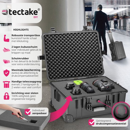 tectake - Transportkoffer auf Rädern mit Teleskopgriff - Fotokoffer - Kamerakoffer 45 x 26 x 58 cm - 2 Druckknöpfe - Abschließbar mit Vorhängeschloss