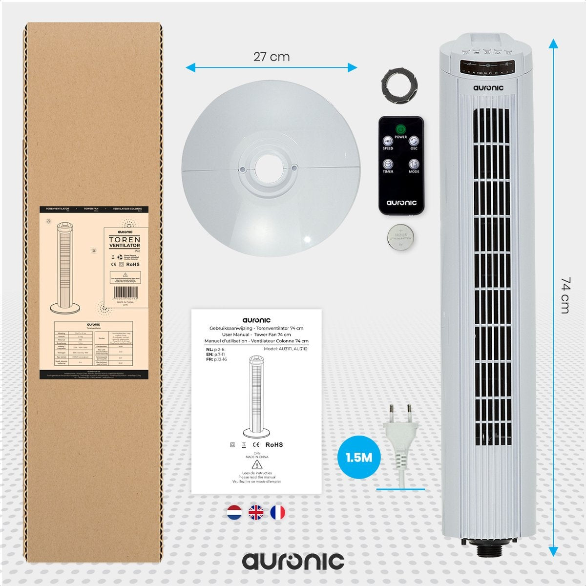Auronic Tower Fan - Standventilator mit Fernbedienung - Timer - 50W - 45dB - 74cm - Weiß
