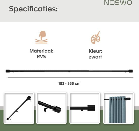 Noswo Vorhangstange - Ausziehbar - 183 bis 366 cm - Vorhangstange - Vorhangschienen komplett - Metall - 300cm - Schwarz