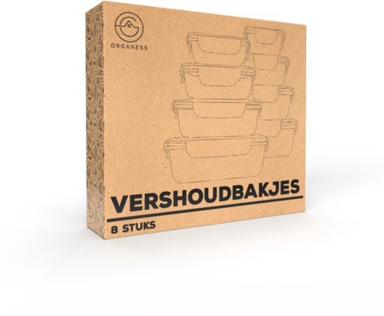 Organess Meal-Prep-Behälter – Frischhaltebehälter – Tiefkühlbehälter – 8-teiliges Set – BPA-frei – Glas – BPA-freier Deckel