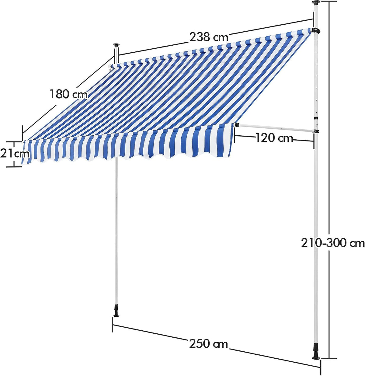 Yaheetech Balkonmarkise – Klemmmarkise mit Handkurbel, 250 cm – höhenverstellbar – blau-weiß