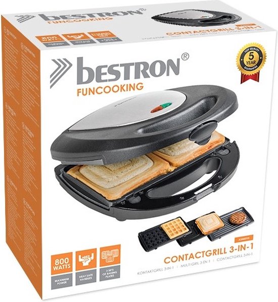 Bestron Sandwichtoaster – ASM8010 – 760 W – 3-in-1: Sandwiches, Waffeln und Grillgerichte – Antihaftbeschichtung – Grau – 5 Jahre Garantie