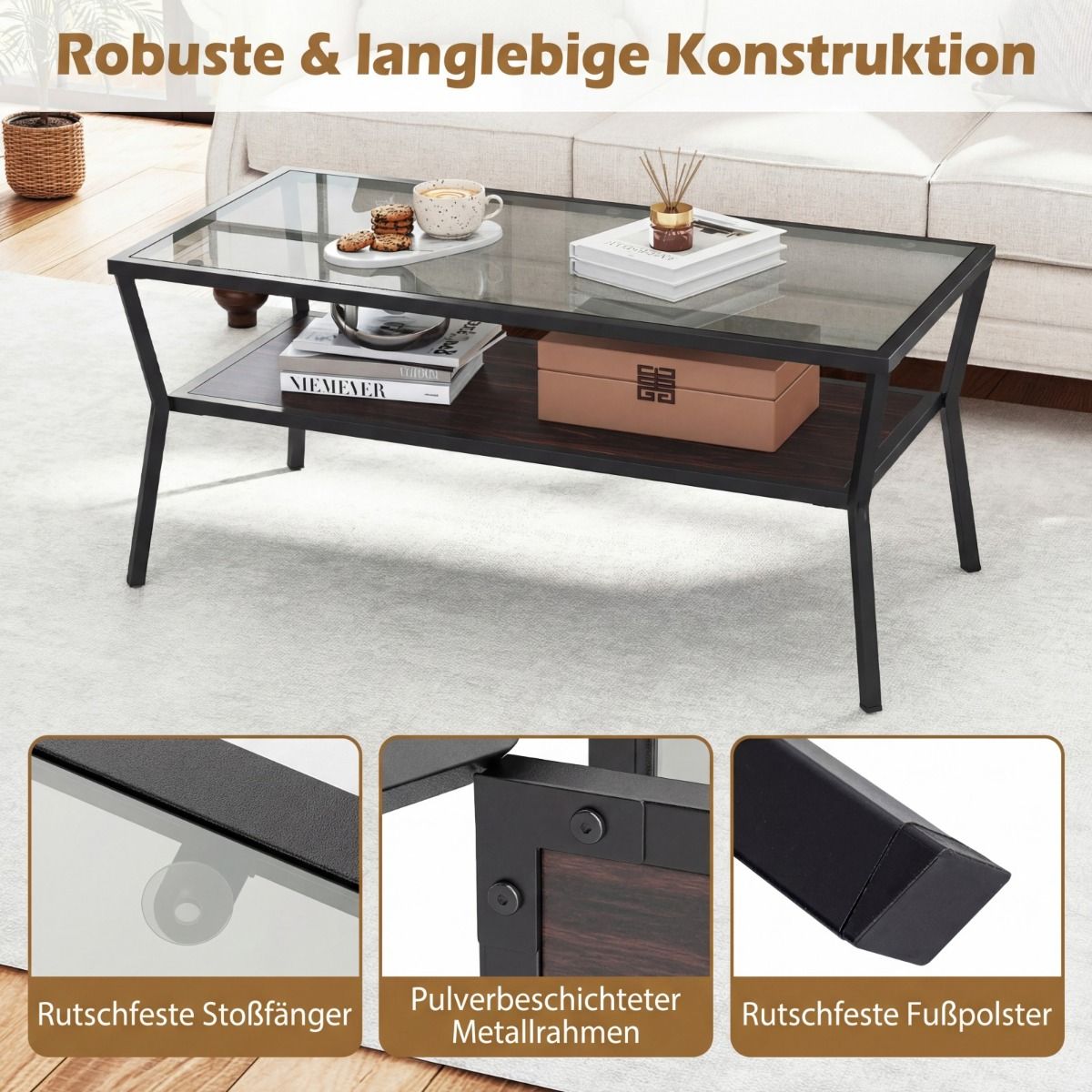 Coast Couchtisch, rechteckig – Tischplatte aus gehärtetem Glas – Metallgestell – grau und schwarz