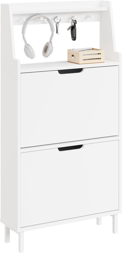 SoBuy Schuhschrank, extraflach 19 cm – Stauraum bis Größe 47 – mit Haken und offenem Regal für kleine Wohnungen, Flur, Eingangsbereich – weiß, 60 x 19 x 119 cm, FSR221-W