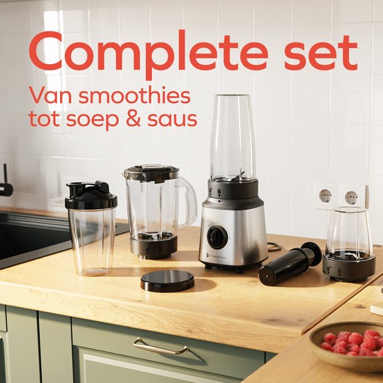 KitchenBrothers Blender - Komplettset - 2x 750ml Schüssel - Zerkleinerer - Stampfer - To-Go Becher - Edelstahl