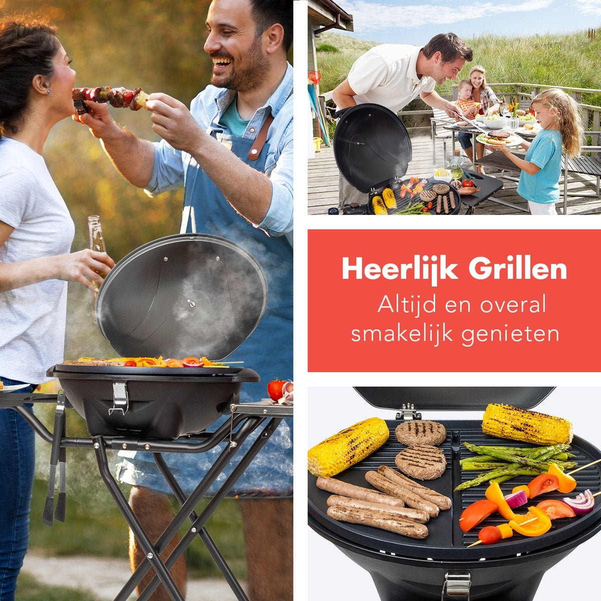 KitchenBrothers Elektrogrill - mit Rädern - klappbar - Antihaftbeschichtung - 46,5 x 33,8cm - bis zu 250Â°C - 2400W - Schwarz