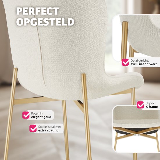 tectake - Polsterstuhl - Bouclé-Schalensitz für die Küche - Sessel für den Frisiertisch - Eleganter Ess- oder Wohnzimmersessel - weiß/gold - Div. Farben