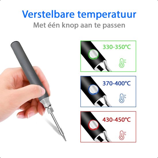 Tech Essentials Kabelloses Lötkolben Set - 8W - Elektrisch - Temperatur einstellbar bis 450°C - USB-C Wiederaufladbar - Grau - Batterie - Dose - Station - Pistole