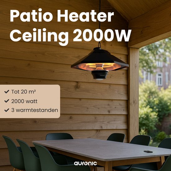 Auronic Terrassenstrahler - Infrarotheizung - Hängend - 20m2 - Elektrisch - 2000W - Fernbedienung - 3 Stufen - Schwarz
