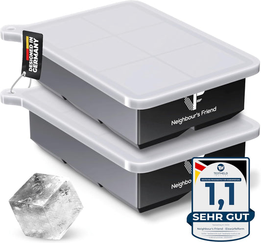 Neighbour's Friend Eiswürfelform groß 2er Pack - 12x XXL Eiswürfel für Cocktails, Whisky & Longdrinks - Platinsilikon Eiswürfelform mit Deckel spülmaschinengeeignet - Rieseneiswürfelform XL