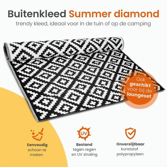 Goliving Outdoor Teppich Summer Diamond - 183x290CM - Gartenteppich - Outdoor Teppich - Teppich - Gartenteppich - Reversibel - Inkl. Tragetasche - Schwarz/Weiß