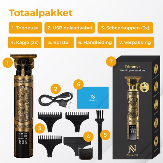 Nuvance - Trimmer Men - LED Display - Inklusive Aufsätze - Barttrimmer und Trimmer Men - Usb C Wiederaufladbar - Clipper