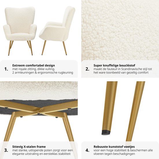 tectake Ohrensessel im skandinavischen Stil - Teddy Chair Hygge - Sessel für Wohnzimmer, Schlafzimmer - Loungesessel - Goldfarbene Metallbeine - Belastbarkeit bis 150 kg - Creme