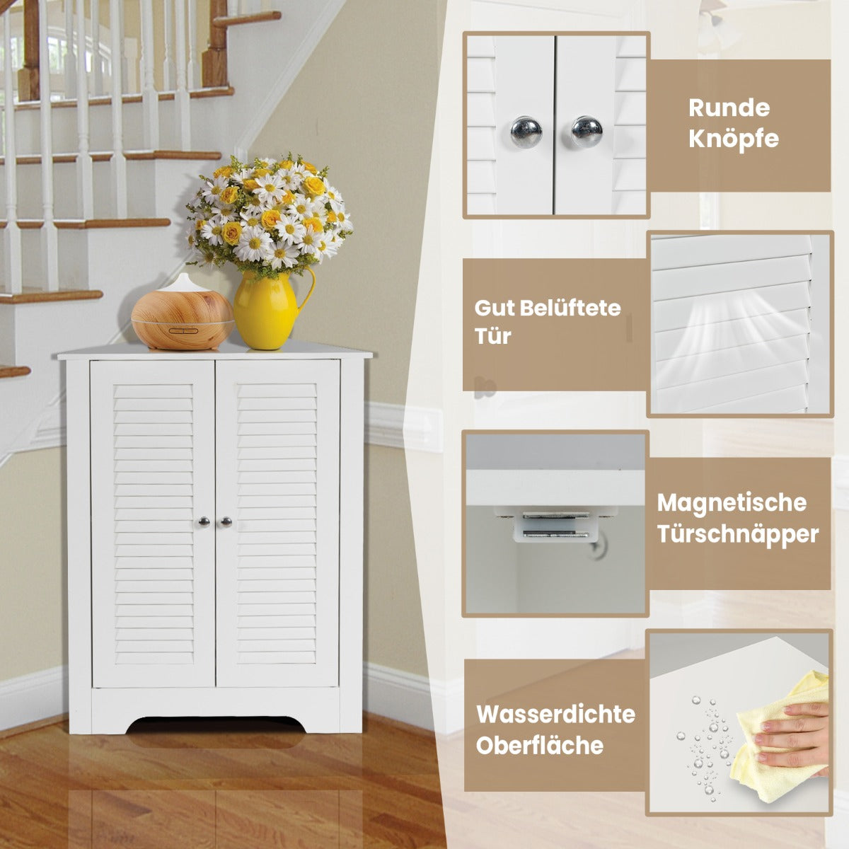 Coast Eckschrank - Lattentür - Verstellbarer Einlegeboden - MDF - 63 x 32 x 81,5 cm - Weiß