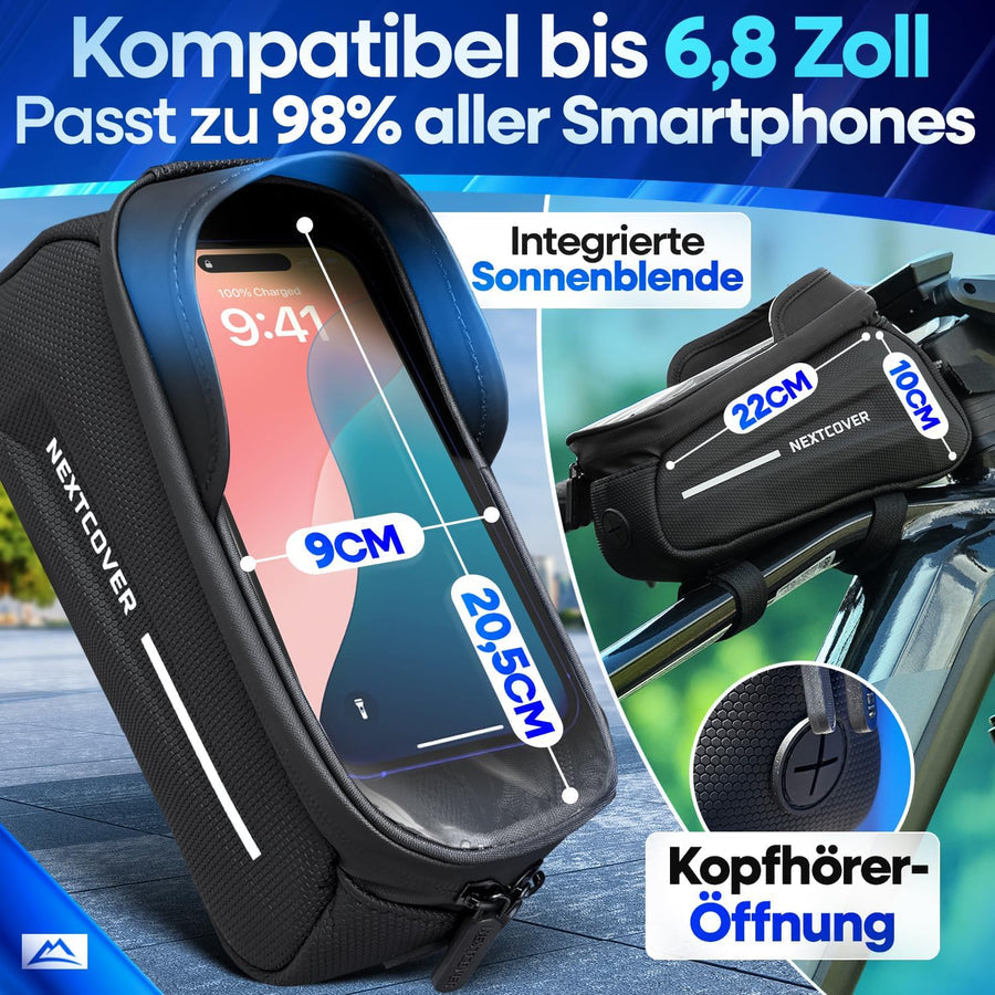 Nextcover Fahrradrahmen-Tasche 24 x 10,5 x 15 cm – Handytasche – Touchscreen – Wasserdicht