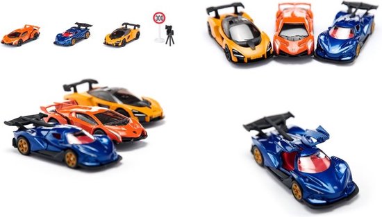 SIKU 6328, Geschenkset „Supercars“, Lamborghini Veneno, Apollo I.E., McLaren Senna, bewegliche Teile, inkl. Verkehrsschild und Blitzgerät