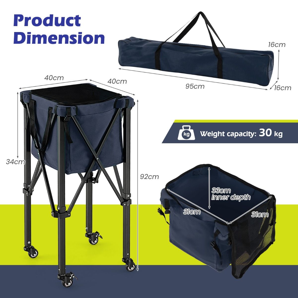 Coast Tennisballwagen mit Rädern - zusammenklappbar - bis zu 150 Tennisbälle - 40 x 40 x 92 cm - Schwarz mit Blau
