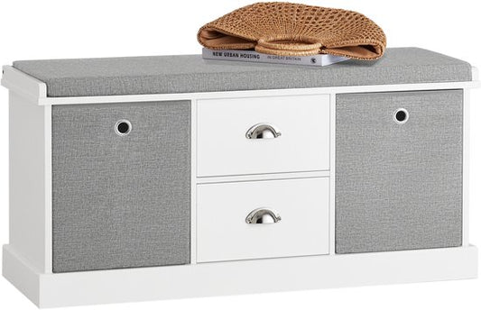 SoBuy FSR66-HG Schuhbank – Aufbewahrungsbank – Sitzkissen – 2 Schubladen/2 Körbe – 100 x 35 x 50 cm – Weiß/Grau