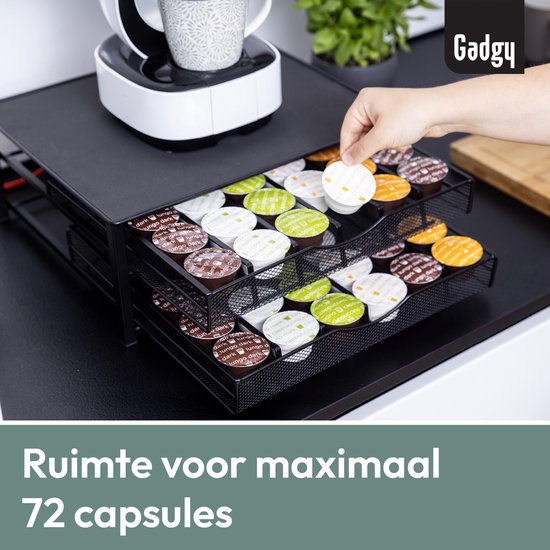 Gadgy Dolce Gusto Kapselhalter mit 2 Schubladen – Kapselhalter mit Schublade – Kaffee-Kapselhalter für 72 Kapseln – Padhalter – Edelstahl – Schwarz – Rutschfest & vibrationsdämpfend