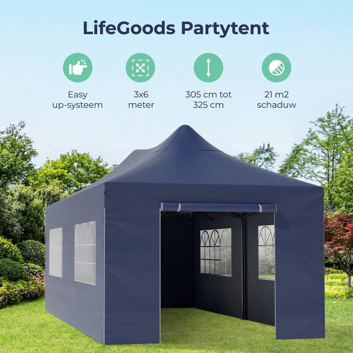 LifeGoods Partyzelt - 3x6 m - Seitenwände - Easy Up - Dunkelblau