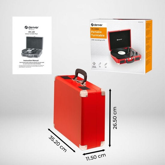 Denver Plattenspieler - Integrierte Lautsprecher - Inkl. PC-Software - Autostopp - Retro - VPL120 - Rot